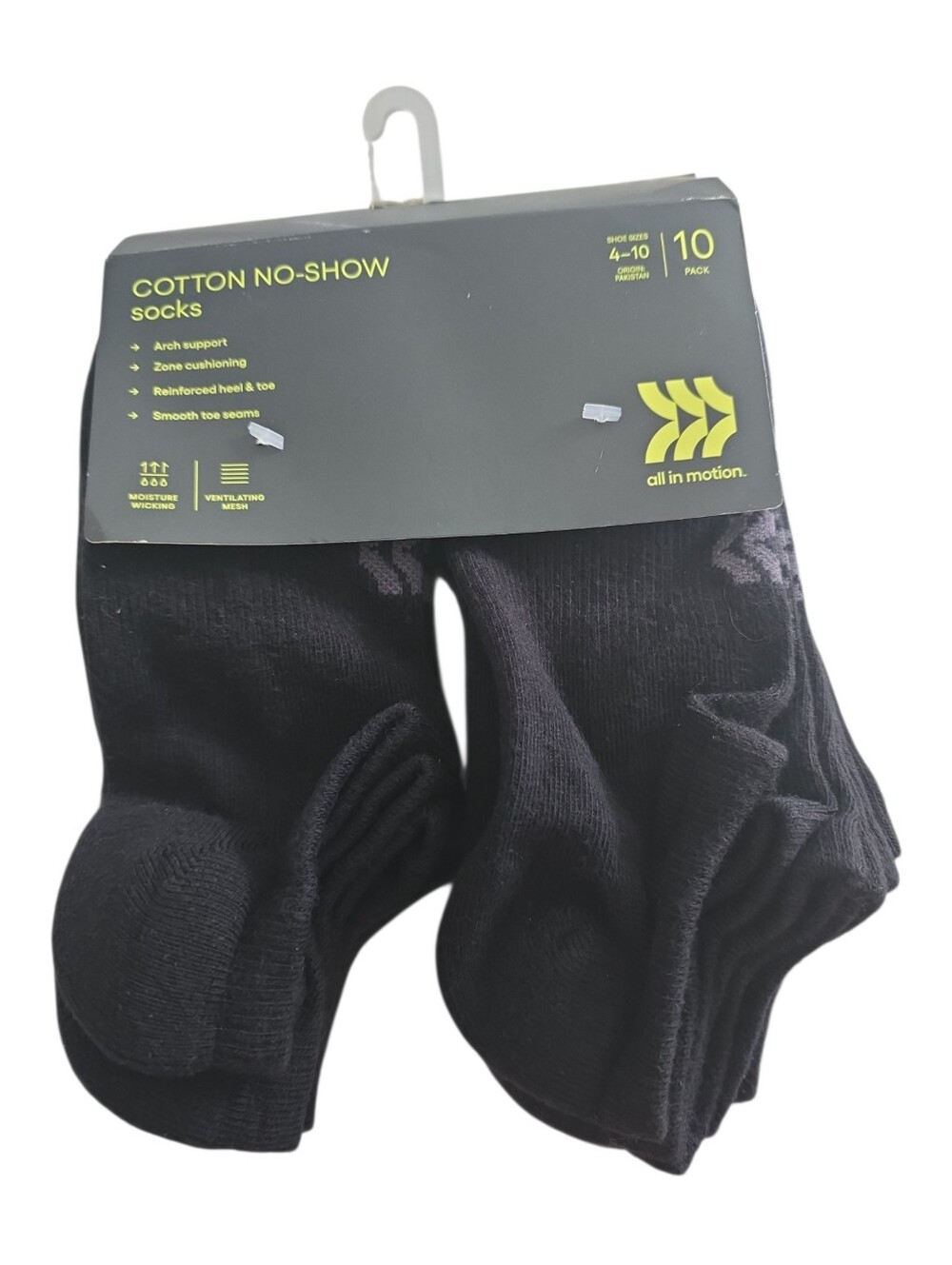 All in Motion Women's No Show Socks 10 Pack Black Size 4-10 Cotton NWT